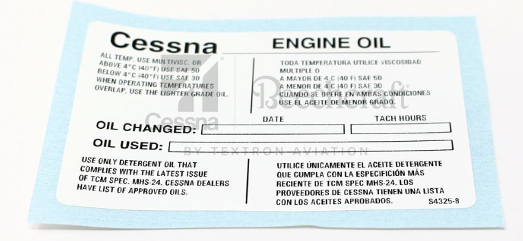 S4325-8 - Textron OEM Cessna 162 Engine Oil Placard For Mexico Market
