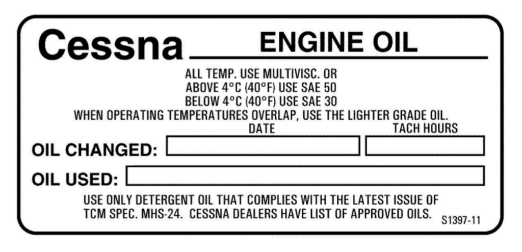 S1397-11 - Textron OEM Cessna 162 Engine Oil Placard - United States